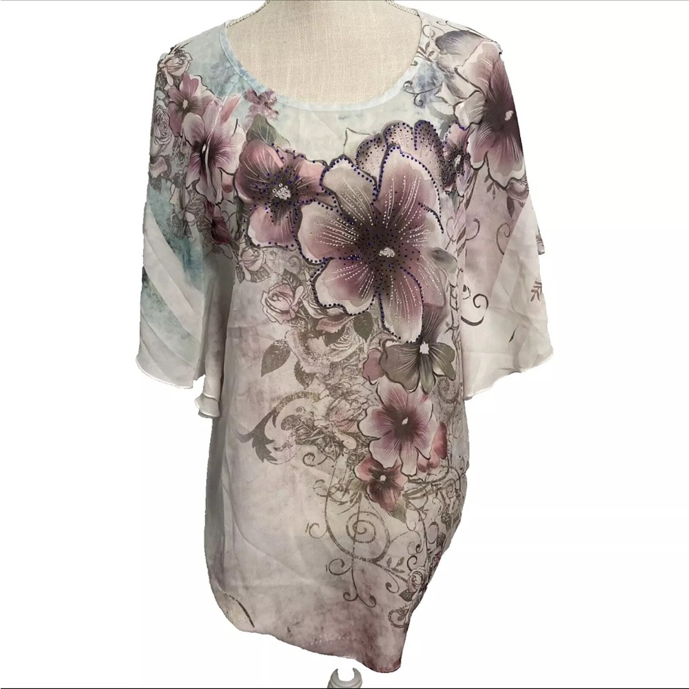 Studio Gem Q Floral Sheer Embellished Top Size SMALL Purple Teal Oversized